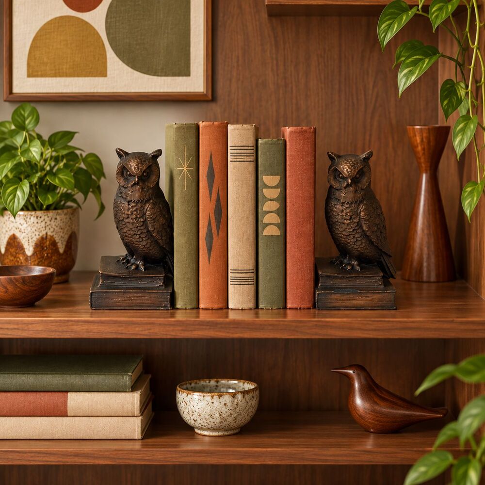 Vintage PM Craftsman Bronze Owl Bookends Philadelphia Mfg 7" MCM Pair